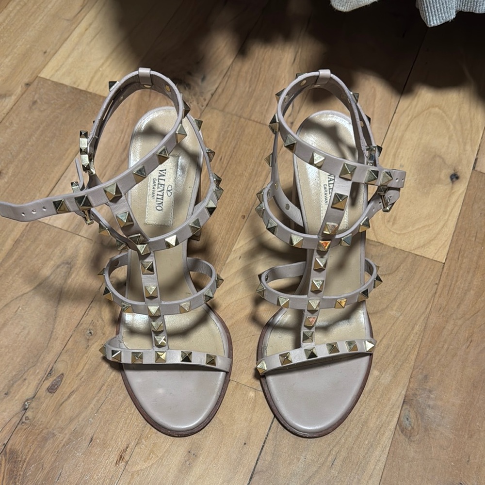 Valentino Beige/Nude Pyramid-Stud Strappy Heels